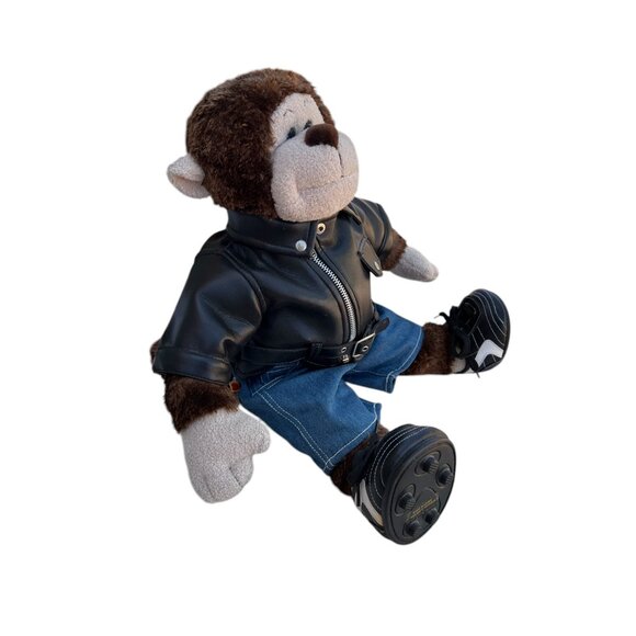BAB Brown Monkey Plush Toy In Faux Leather Jacket & Denim Outfit With Sneakers - Picture 8 of 16
